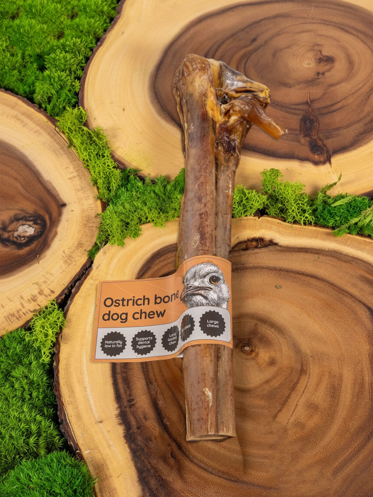 Floppy Ear Ostrich Bone Dog Chew on wooden slices with moss