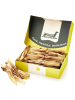 Floppy Ear Rabbit Ears Chew Box open at an angle showing natural dried rabbit ears with "Pure. Healthy. Delicious." on the lid