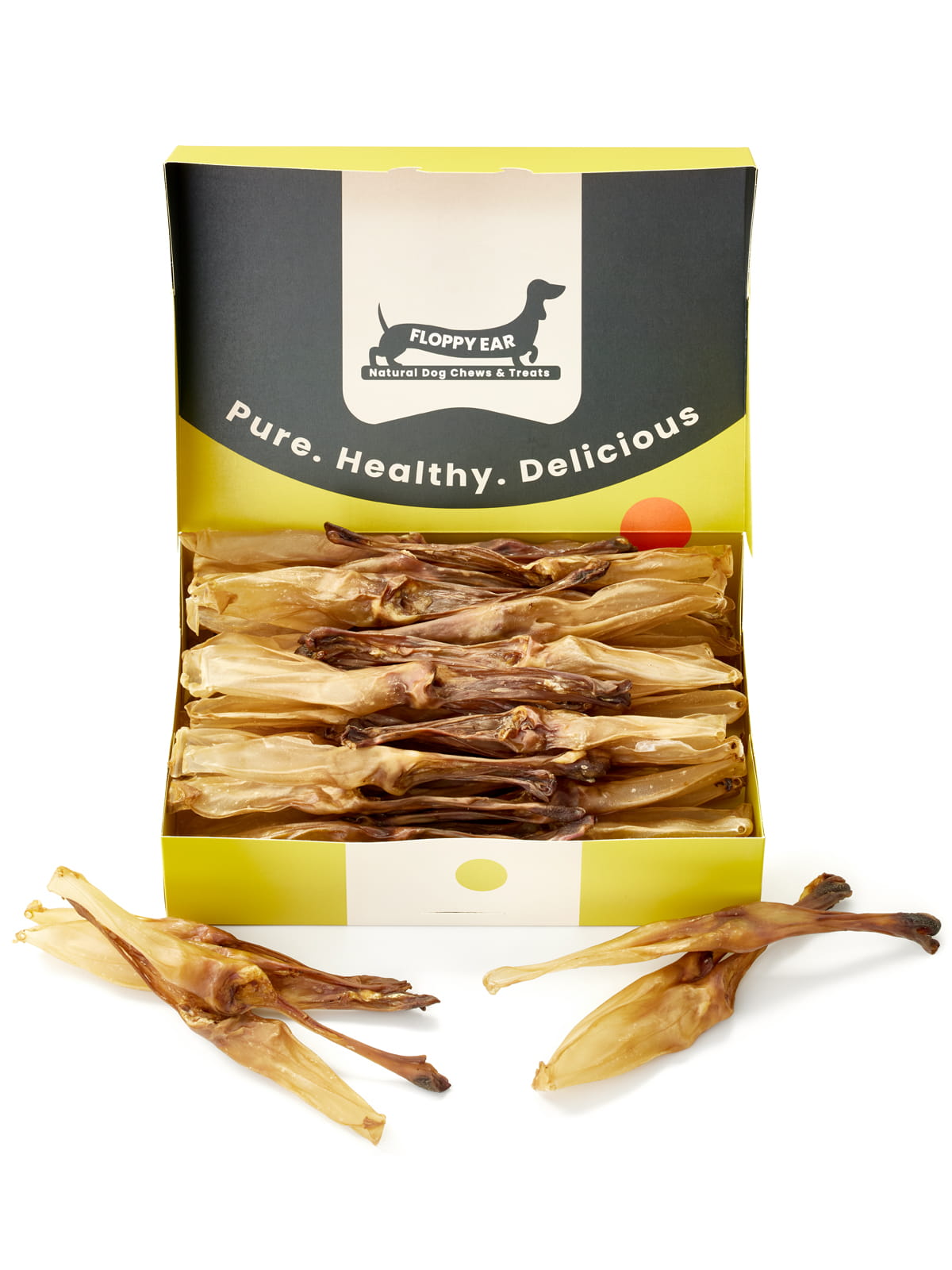 Floppy Ear Rabbit Ears Chew Box open front view filled with premium natural dried rabbit ear dog chews