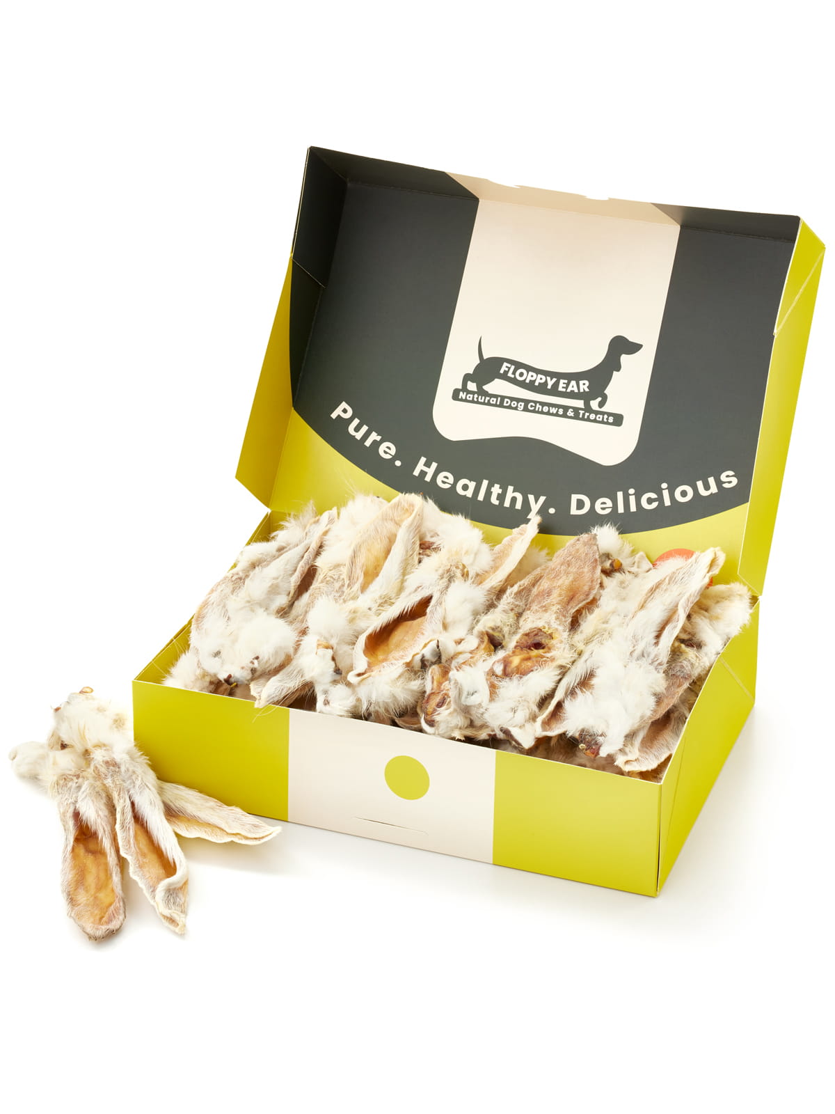 Floppy Ear Rabbit Ears with Fur Box open at an angle showing natural rabbit ears with fur and "Pure. Healthy. Delicious." on the lid