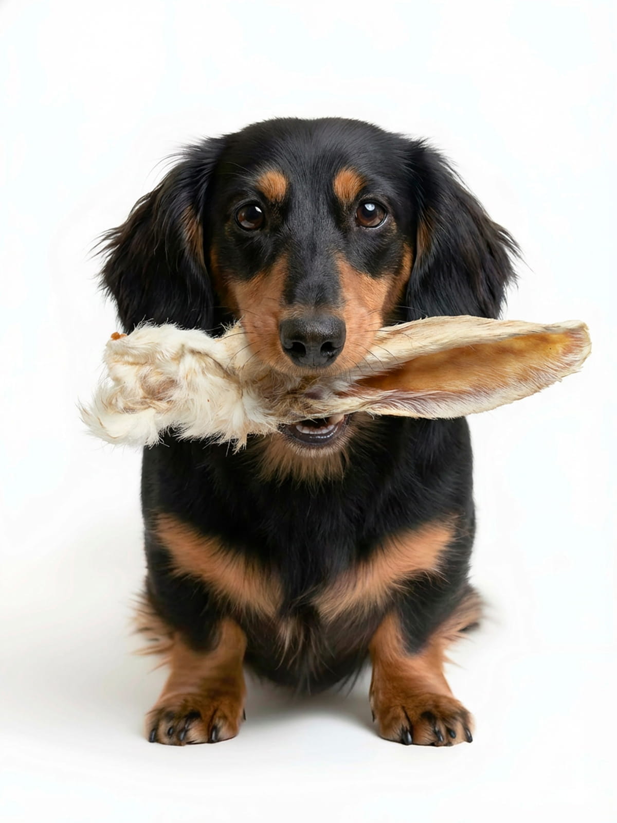 Happy long-haired dachshund holding Floppy Ear rabbit ear with fur chew in its mouth on white background
