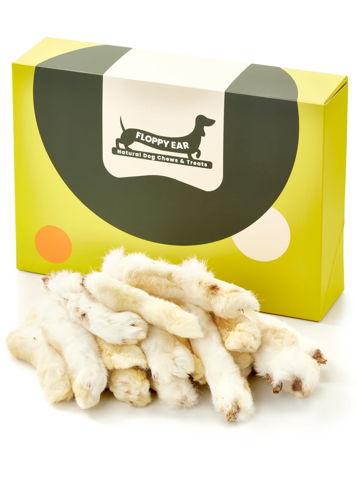 Floppy Ear Rabbit Feet with Fur Box closed with large pile of natural rabbit feet with fur in the foreground