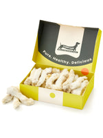 Floppy Ear Rabbit Feet with Fur Box open at an angle showing natural rabbit feet with fur and "Pure. Healthy. Delicious." on the lid