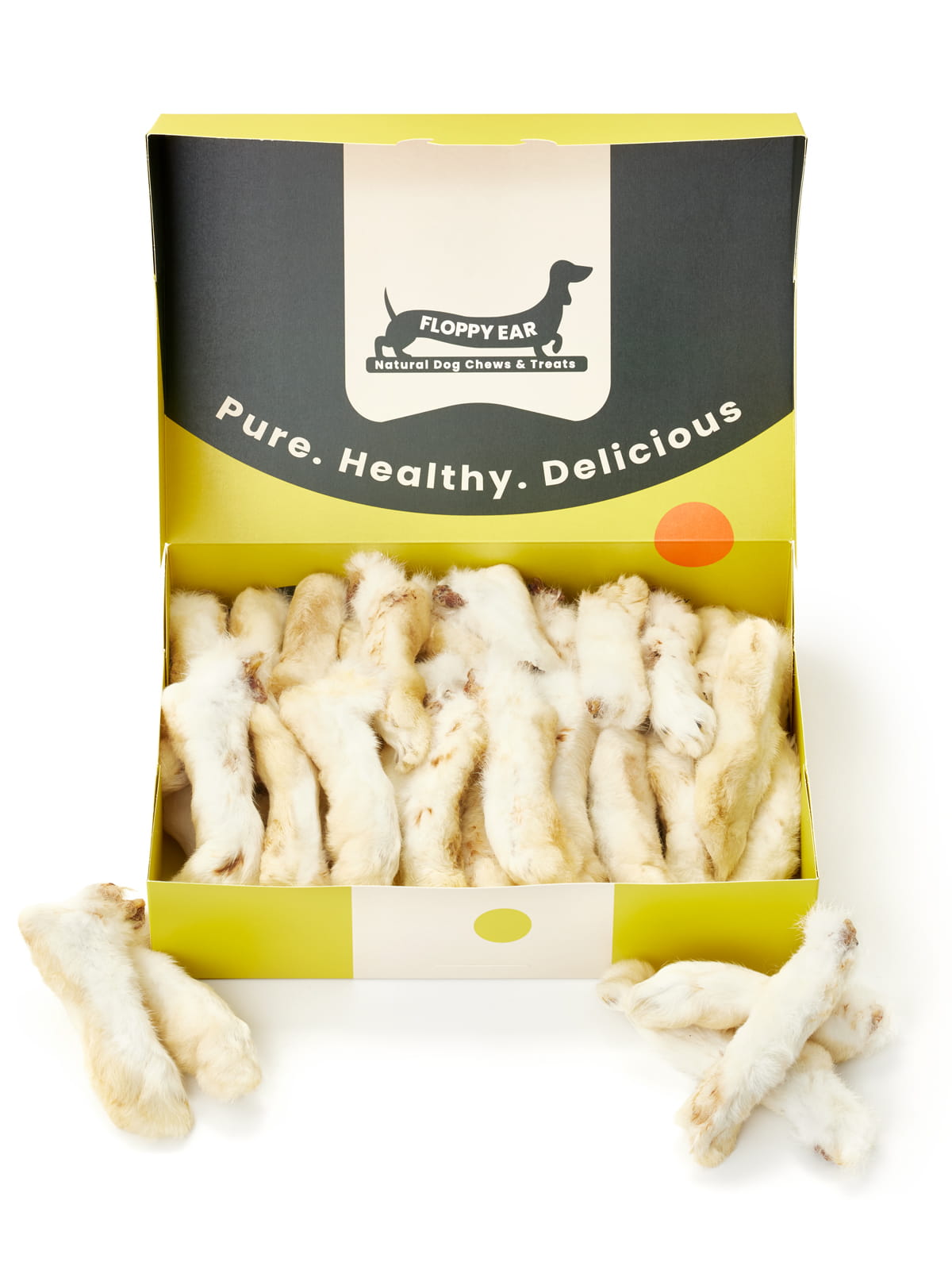 Floppy Ear Rabbit Feet with Fur Box open front view filled with premium natural rabbit feet with fur chews