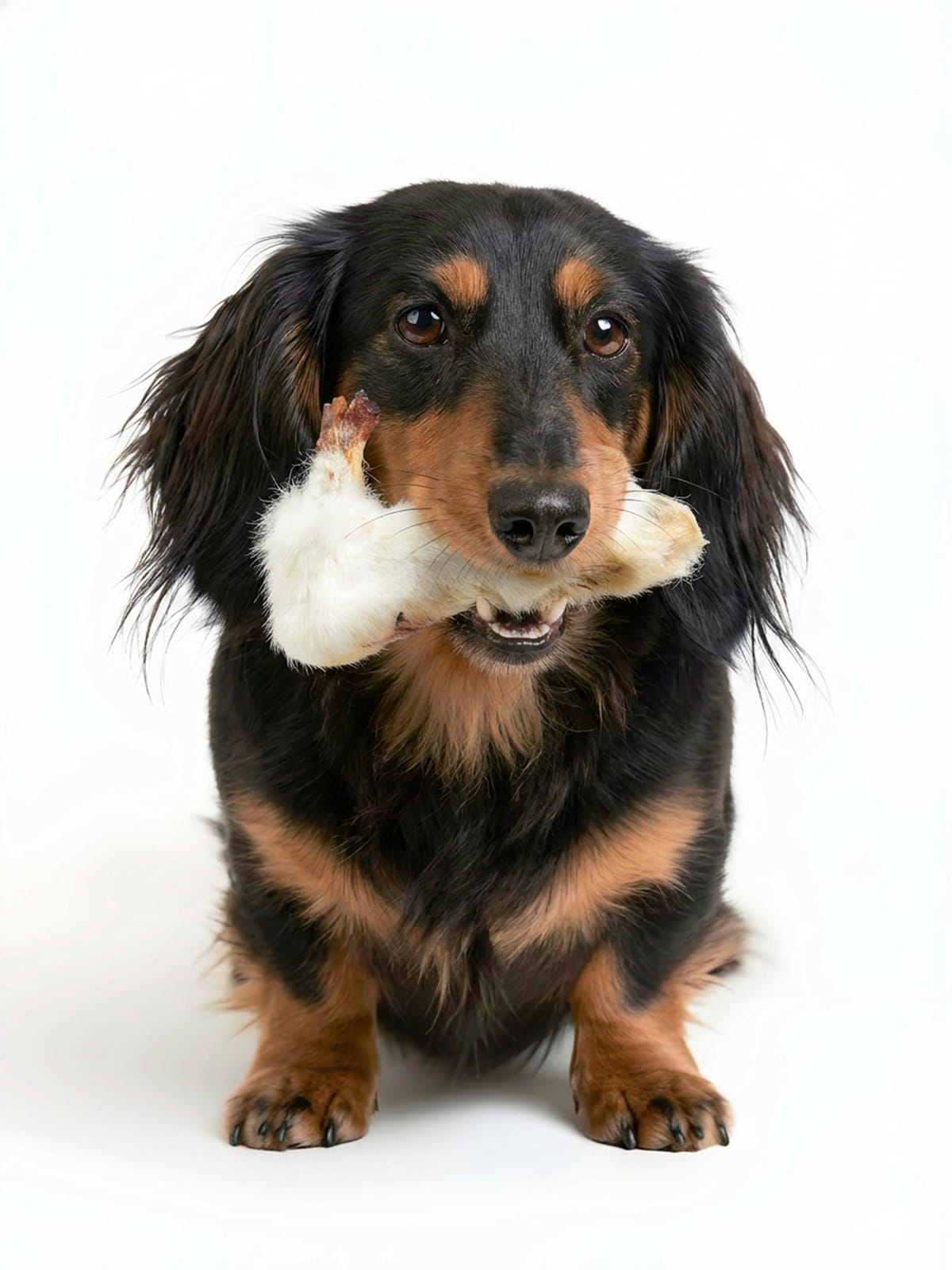 Happy long-haired dachshund holding Floppy Ear rabbit foot with fur chew in its mouth on white background