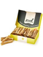 Floppy Ear Rabbit Skin Chew Box open at an angle showing natural dried rabbit skin chews with "Pure. Healthy. Delicious." on the lid