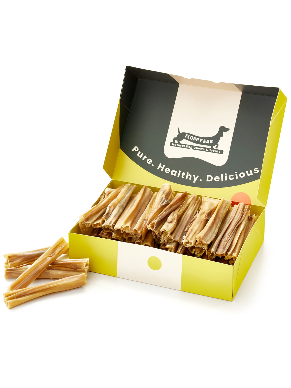 Floppy Ear Rabbit Skin Chew Box open at an angle showing natural dried rabbit skin chews with "Pure. Healthy. Delicious." on the lid