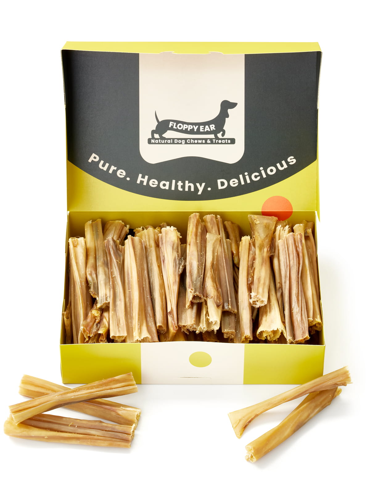 Floppy Ear Rabbit Skin Chew Box open front view filled with premium natural dried rabbit skin dog chews