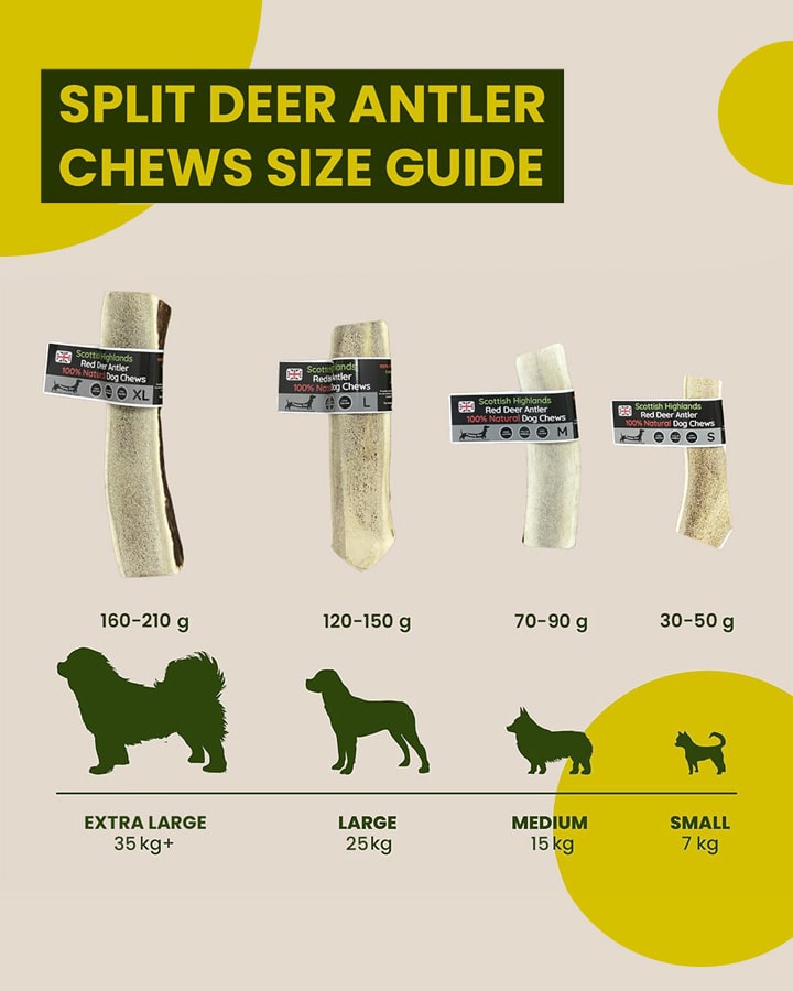 Floppy Ear Scottish Highlands Red Deer Antler Chews size guide XL L M S with dog weight recommendations