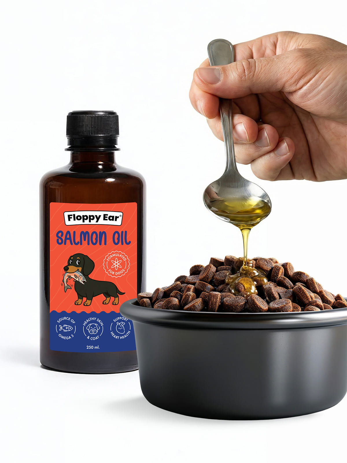 Salmon oil for dogs being poured over kibble to support skin and coat