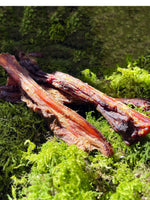 Floppy Ear 100% Natural Air Dried Scottish Wild Venison Strips close up on moss showing texture