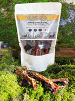Floppy Ear 100% Natural Scottish Wild Venison Strips 350g pouch with loose strips on moss