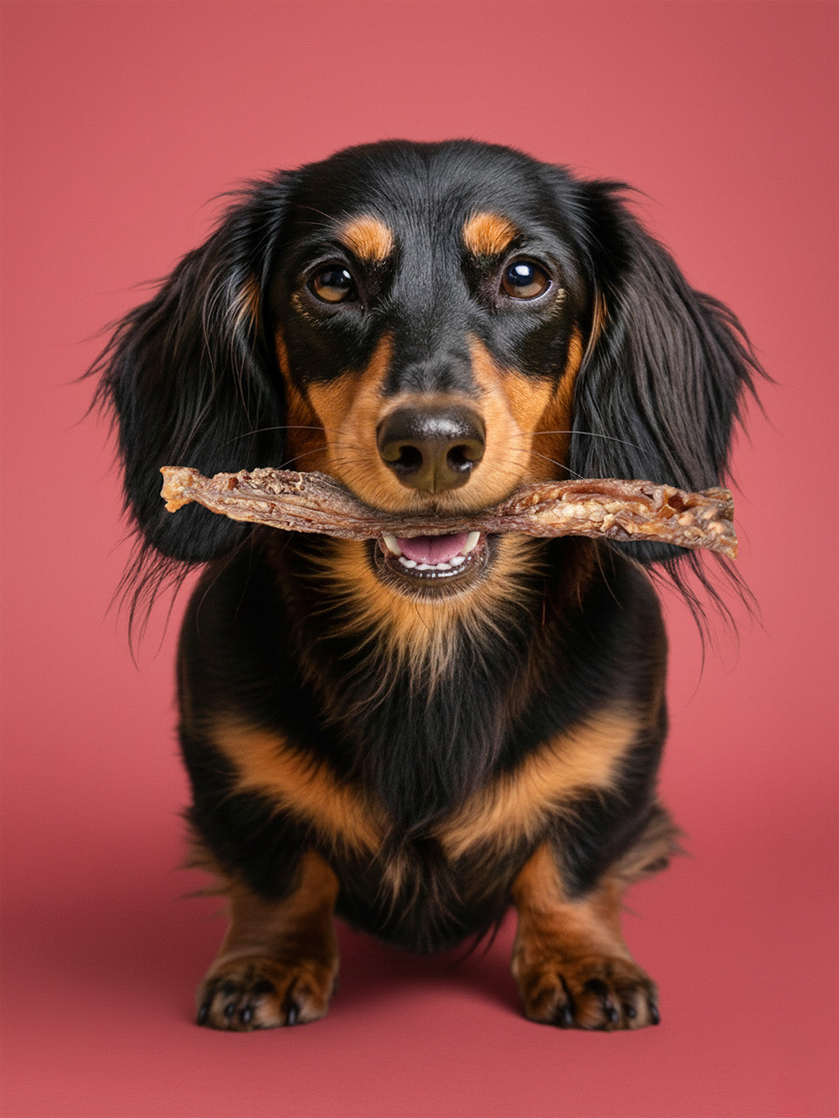Floppy Ear 100% Natural Scottish Wild Venison Strips 350g pouch with loose strips on moss