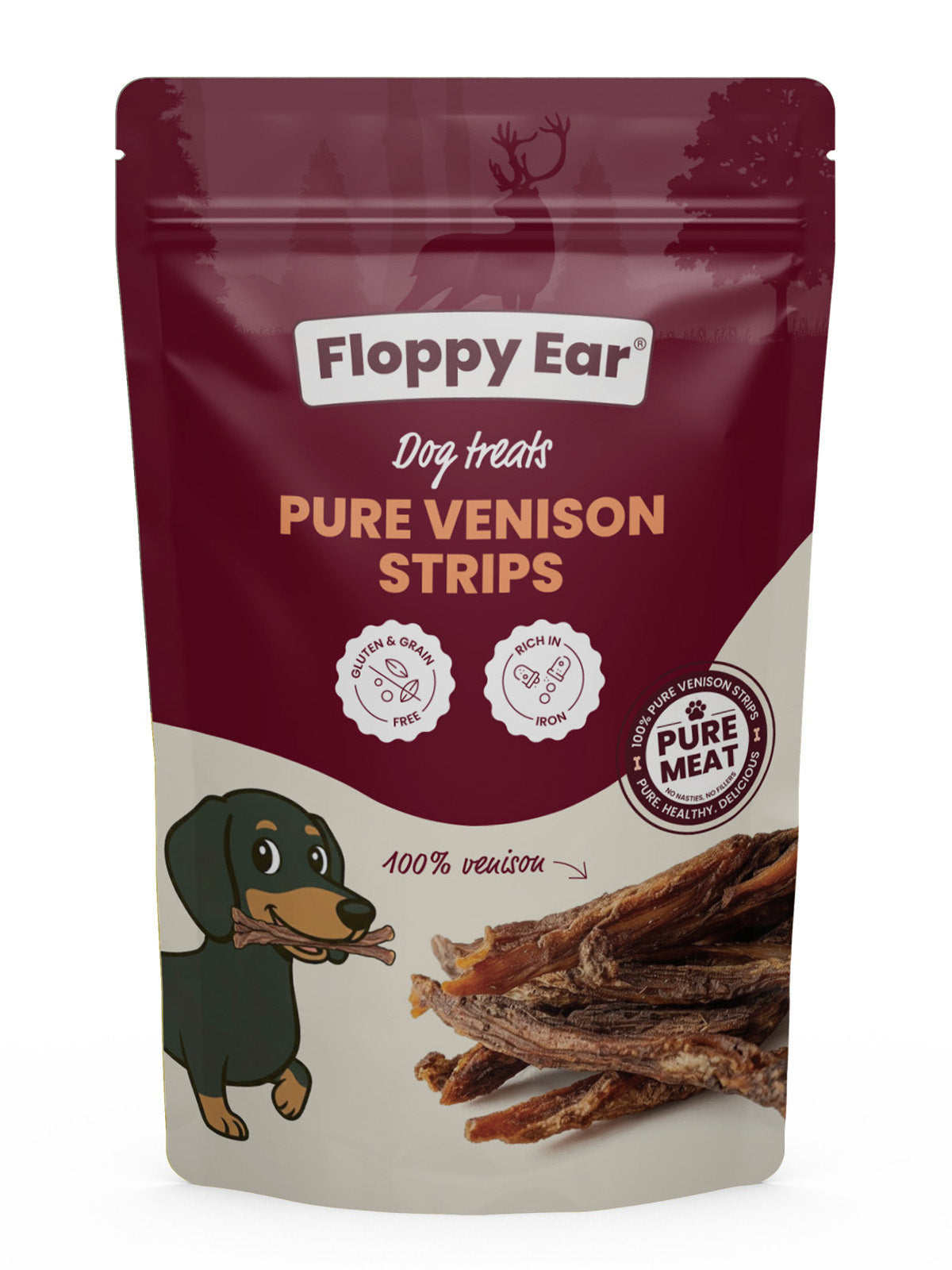 Floppy Ear 100% Natural Scottish Wild Venison Strips Air Dried Dog Treat pouch on wooden slice with moss