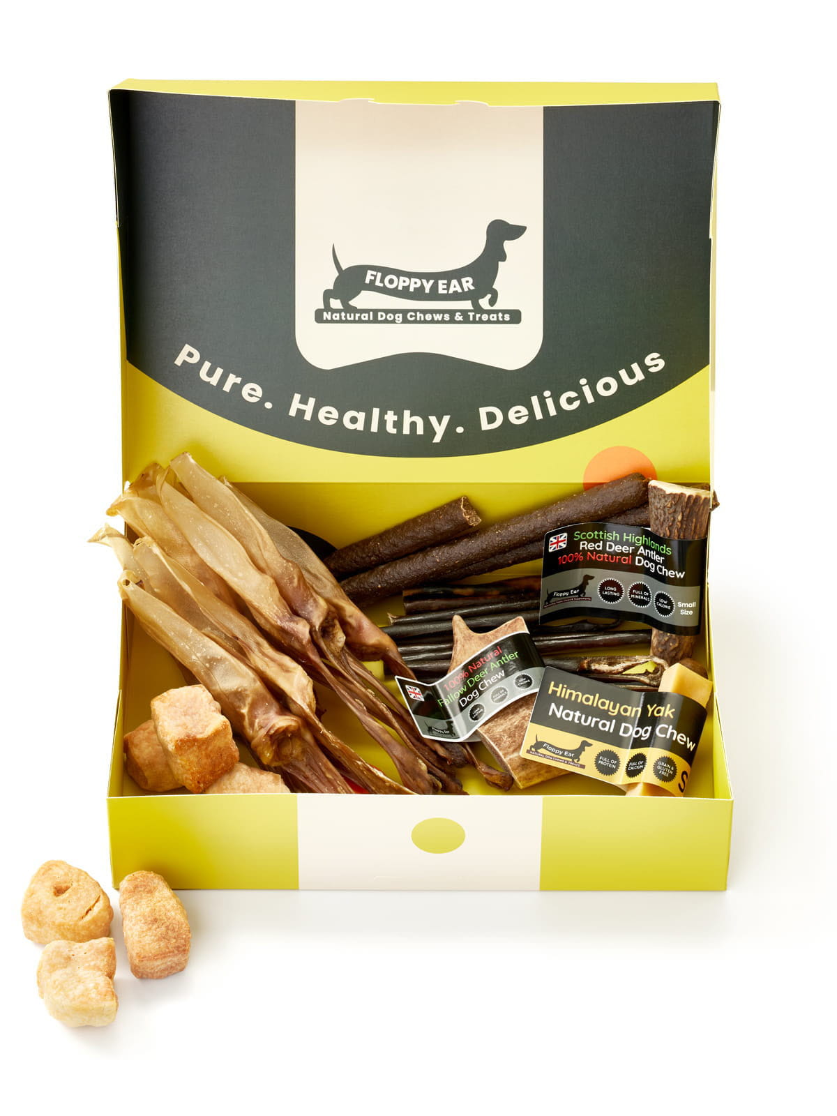 Floppy Ear Small Puppy Box open front view displaying full assortment of premium natural small-size dog chews and treats