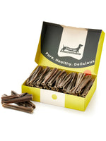 Floppy Ear Dried Venison Skin Chew Box open at an angle showing full contents of premium natural venison skin chews with "Pure. Healthy. Delicious." slogan