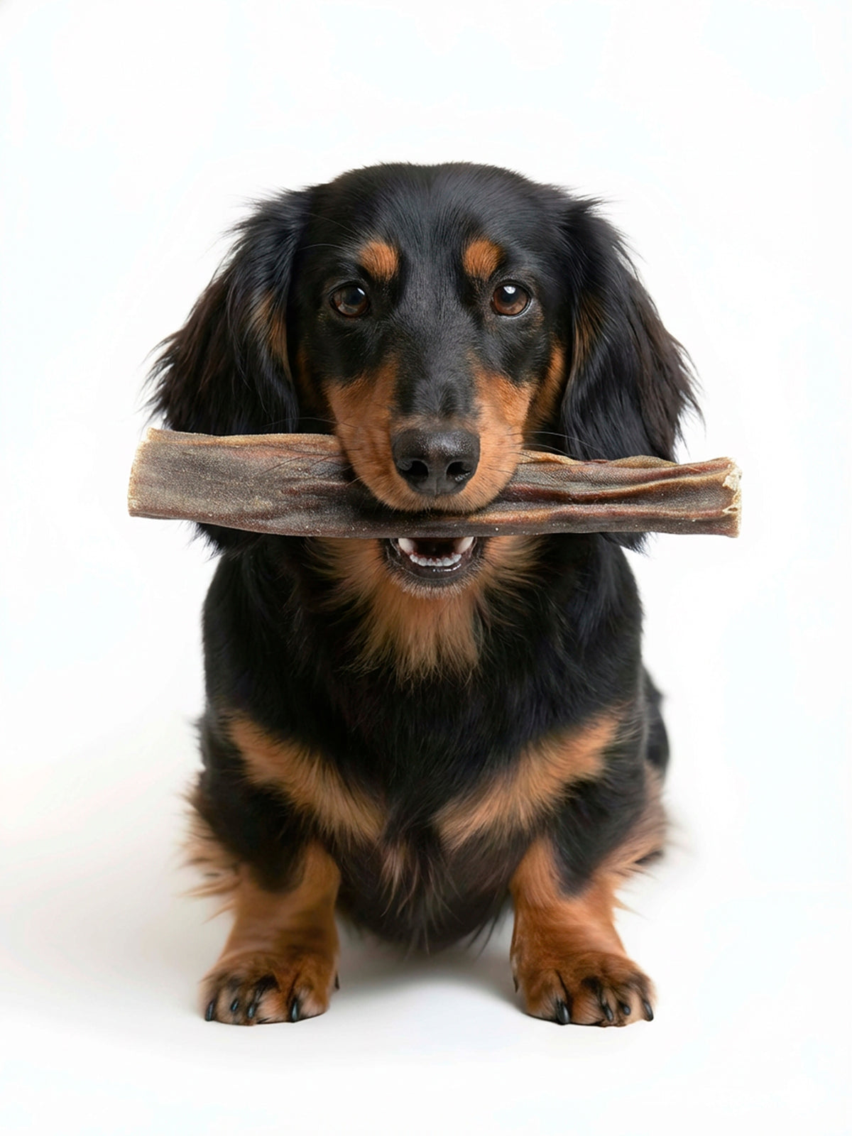 Happy long-haired dachshund holding Floppy Ear Dried Venison Skin Chew in its mouth on white background