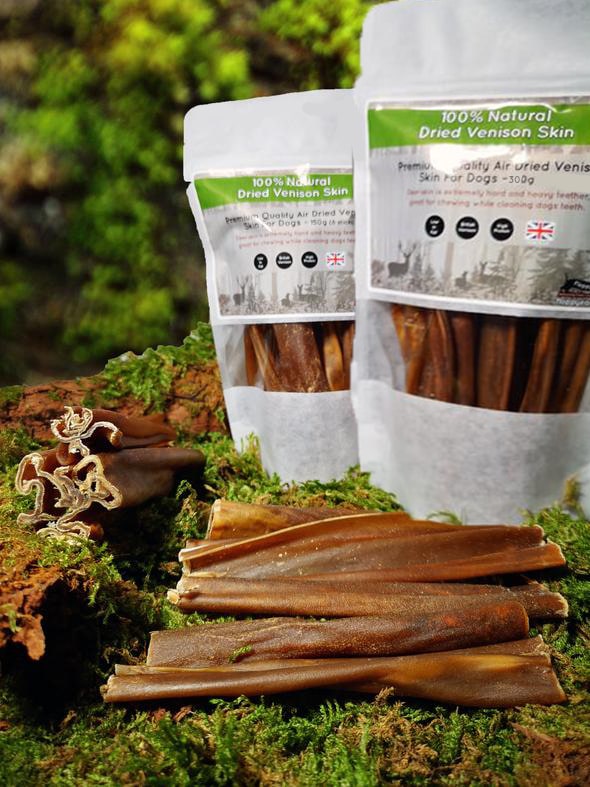 Floppy Ear Dried Venison Skin Chew Pack open front view with natural venison skin dog chews