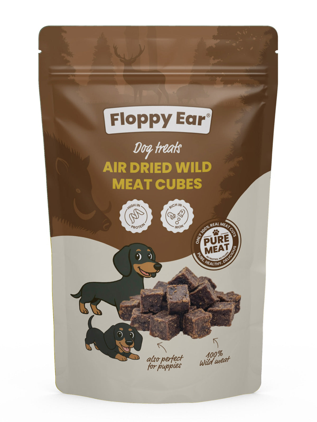 Floppy Ear 100% Natural Wild Meat Cubes Air Dried Venison & Wild Boar 200g pouch on moss