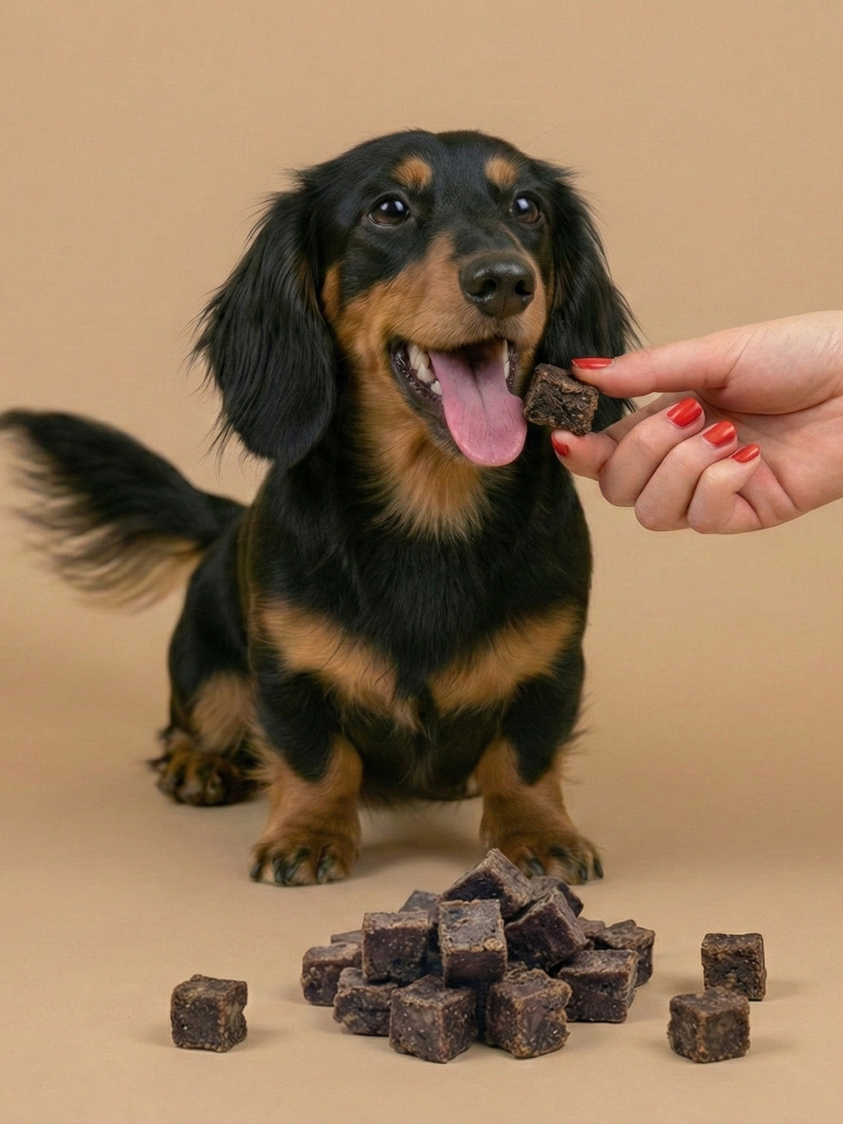 Dog receiving a wild meat cube treat from a hand 