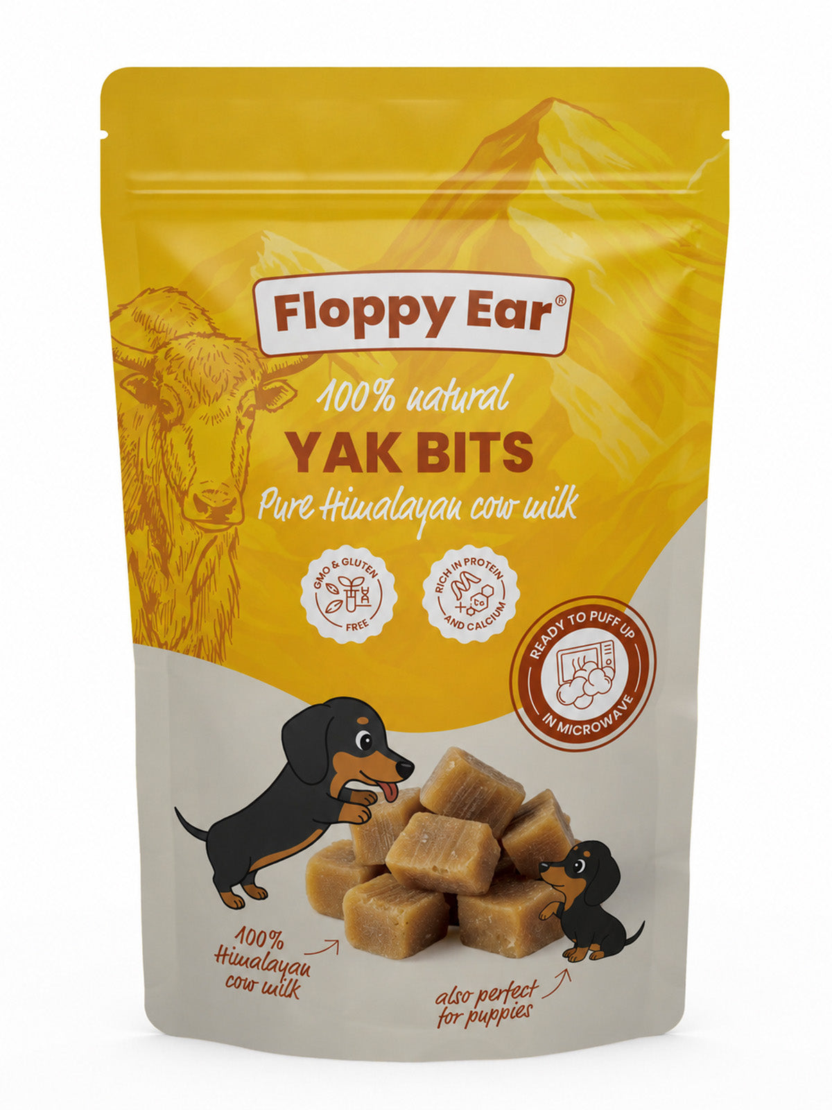 Floppy Ear Yak Chew Bits Ready To Puff 350g pouch - microwaveable natural dog treats
