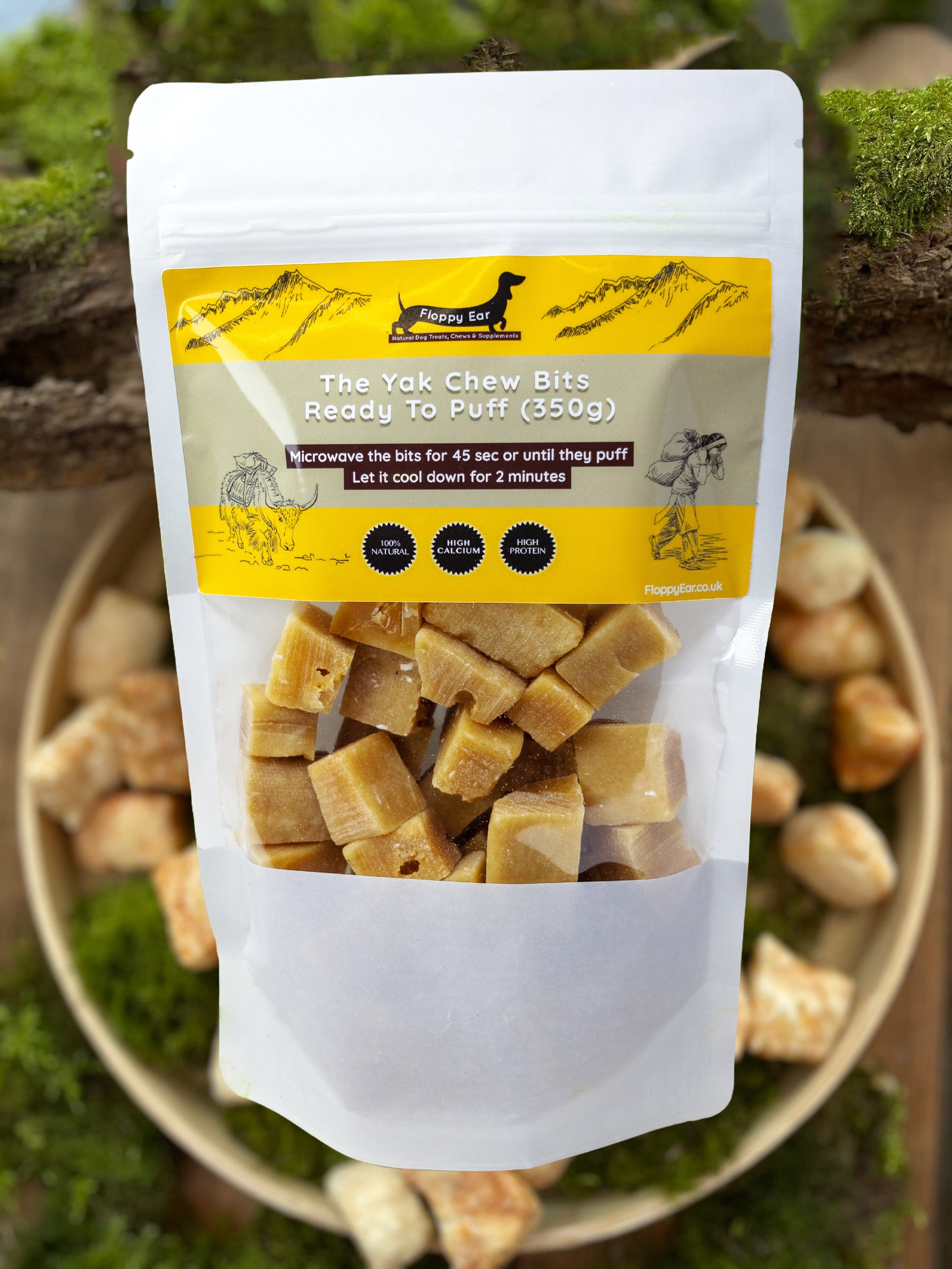 Floppy Ear Yak Chew Bits Ready To Puff 350g pouch - microwaveable natural dog treats