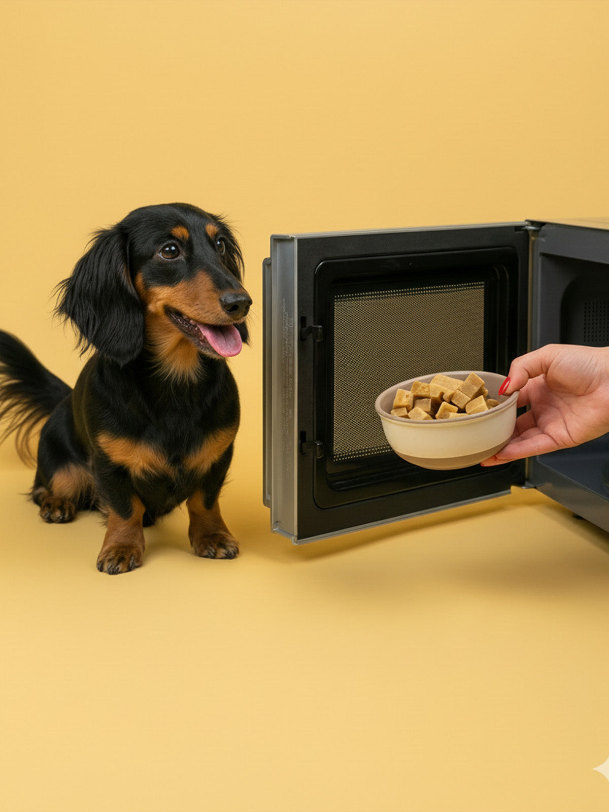 Dog standing next to a microwave with a bowl of yak bits ready to be puffed up into puff treats held by a hand on a yellow background