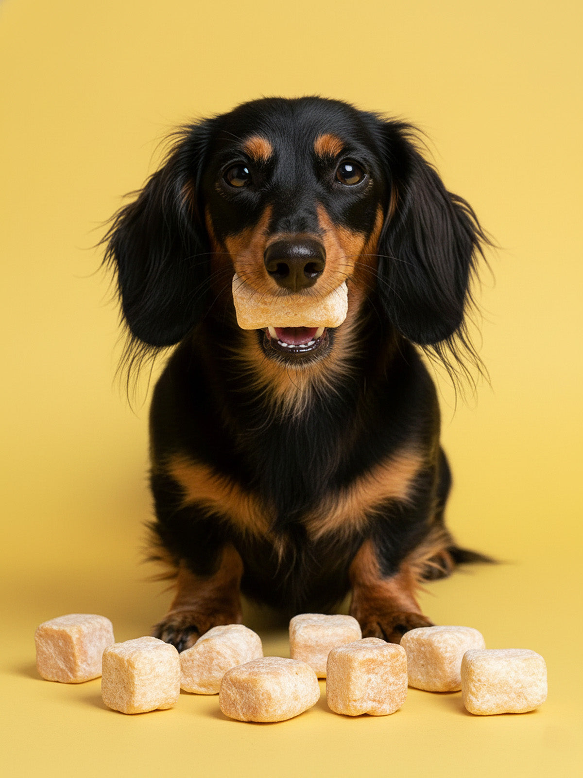 Floppy Ear Yak Puff Treats 250g open pouch showing crunchy puffed yak bits and a sausage dog