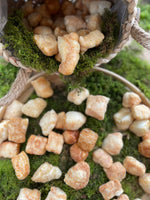 Floppy Ear Yak Puff Treats crunchy Himalayan dog treats spilling from basket on moss