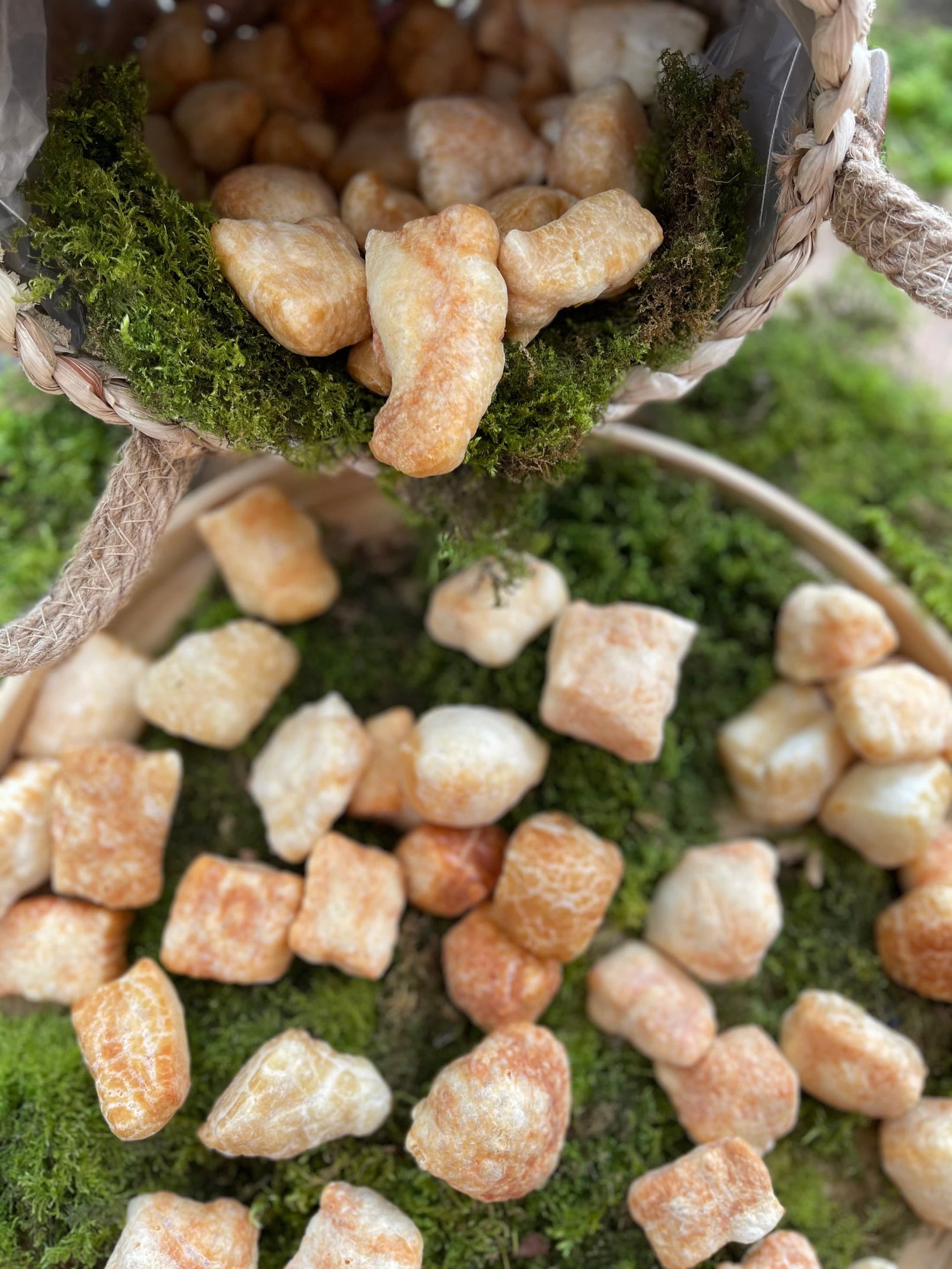 Floppy Ear Yak Puff Treats crunchy Himalayan dog treats spilling from basket on moss