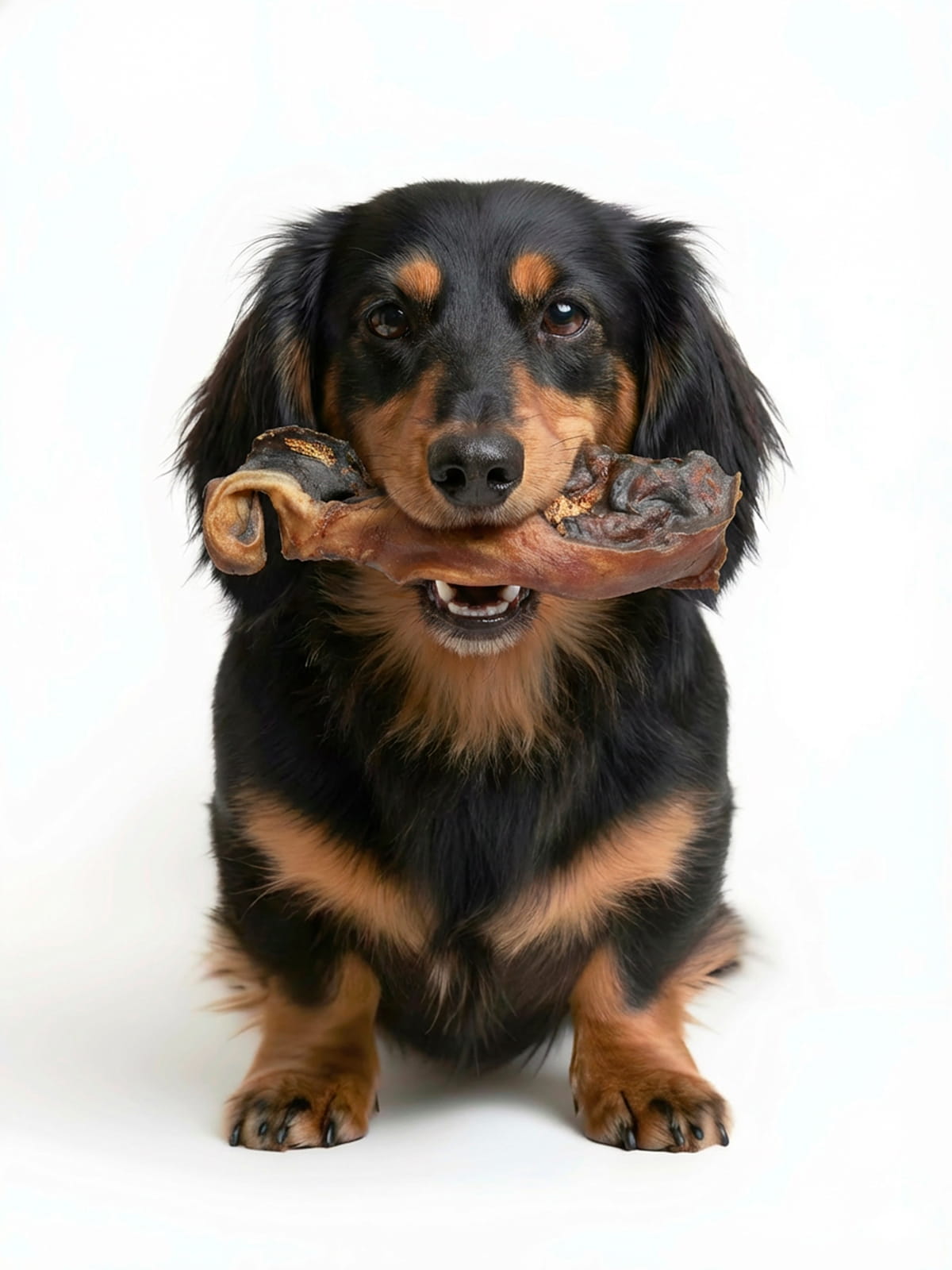 Happy long-haired dachshund holding Floppy Ear natural beef collagen strip chew in its mouth on white background