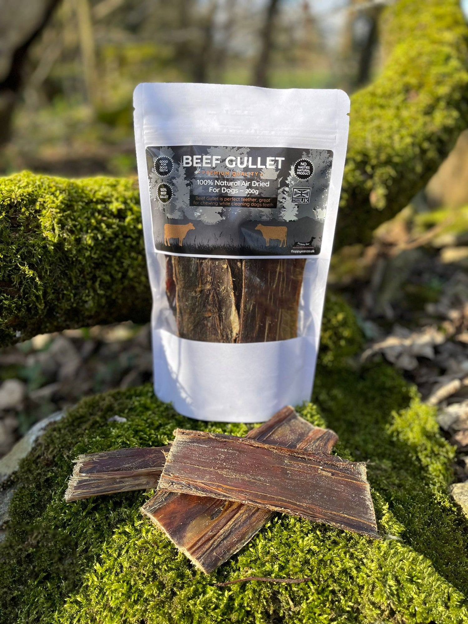 Floppy Ear Beef Gullet Chew Pack front view, premium natural dried beef gullet chews