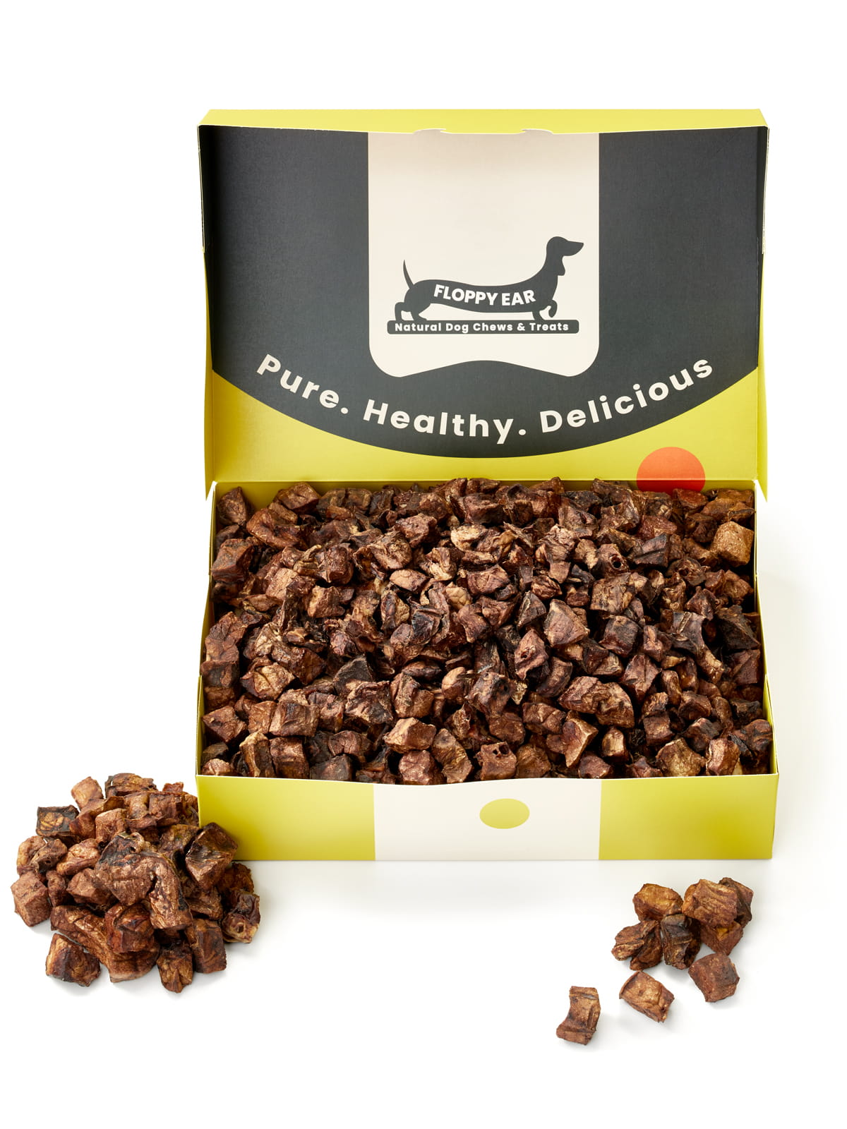 Open Floppy Ear Beef Lung Cubes Training Treats box with treats spilling out