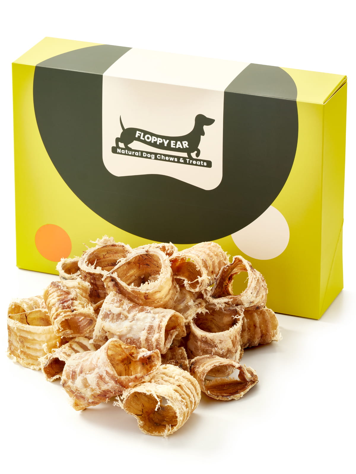 Floppy Ear Beef Trachea Chew Box closed with large pile of natural dried beef trachea chews in the foreground