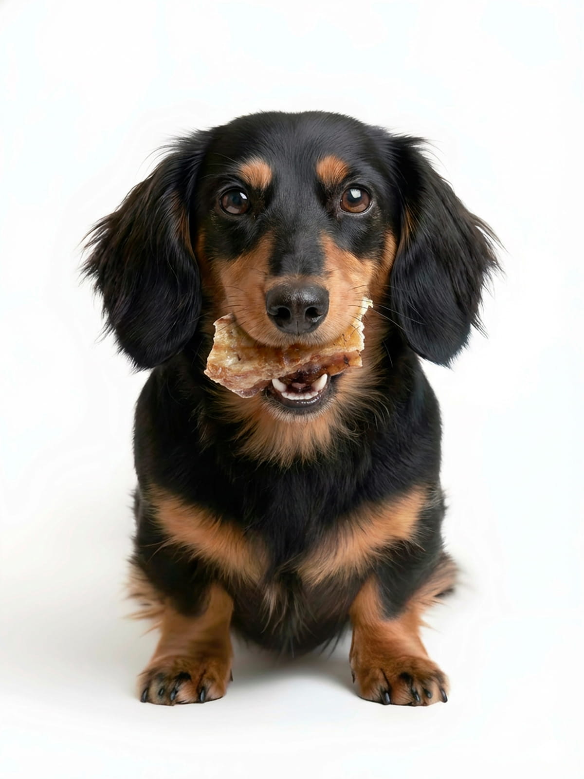 Happy long-haired dachshund holding Floppy Ear natural dried beef trachea chew in its mouth on white background