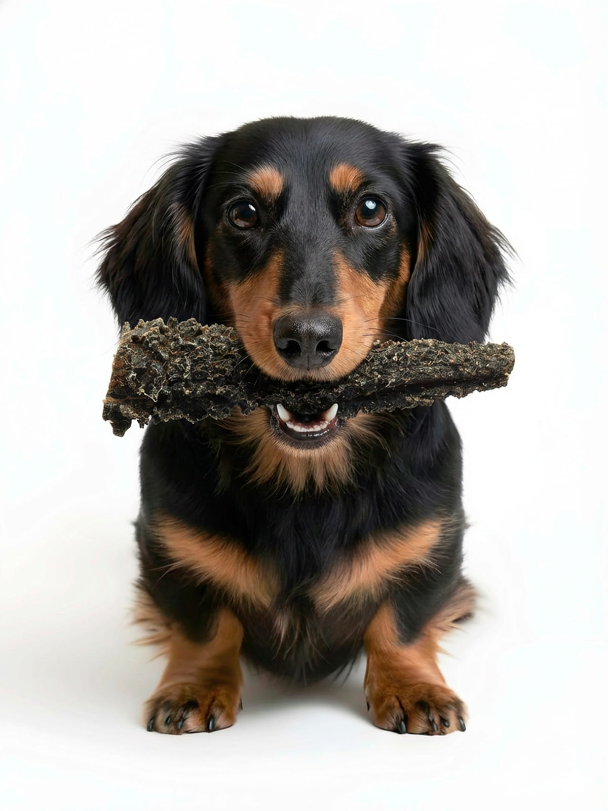 Happy long-haired dachshund holding Floppy Ear natural dried beef tripe chew in its mouth on white background