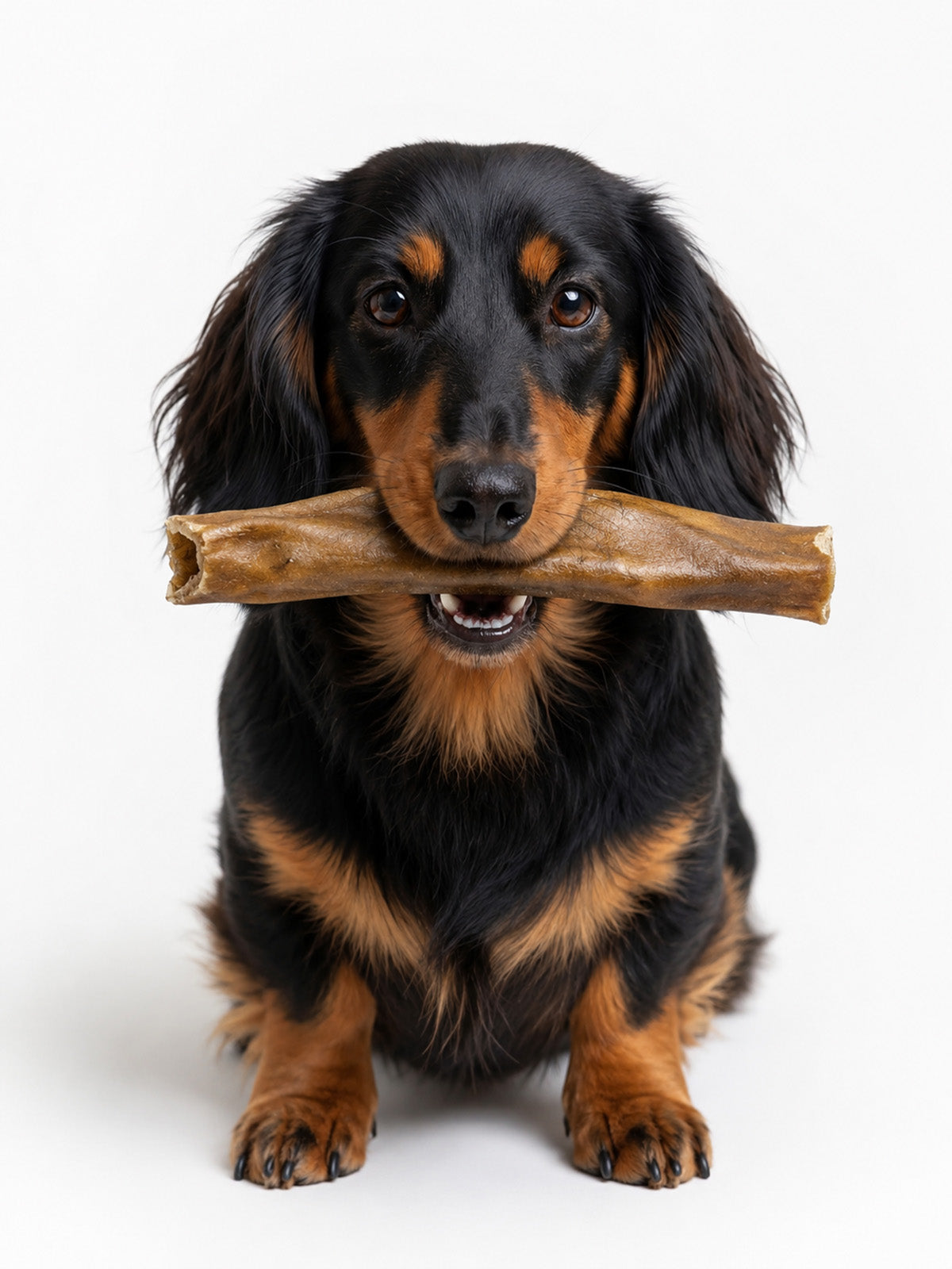 Black and tan dachshund holding a natural air-dried lamb skin dog chew from Floppy Ear – long-lasting high protein dental treat