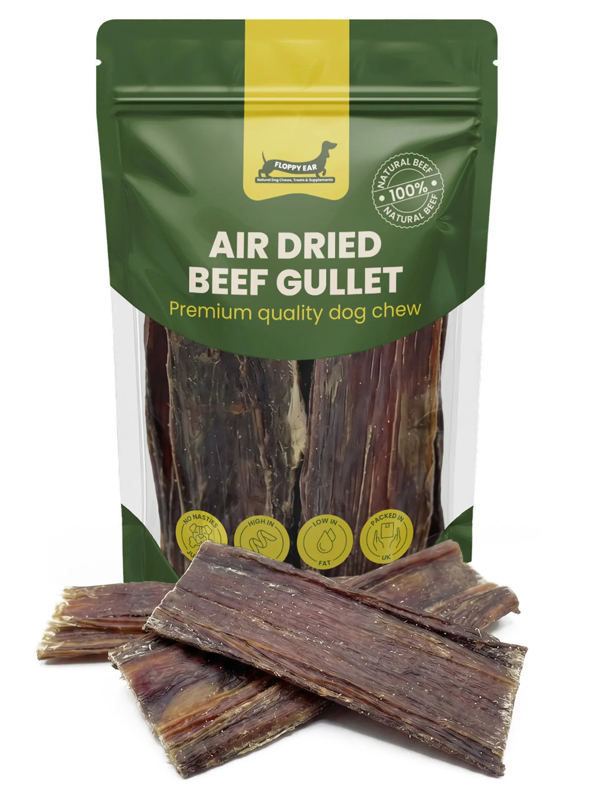 Floppy Ear Beef Gullet Chew Pack front view, premium natural dried beef gullet chews