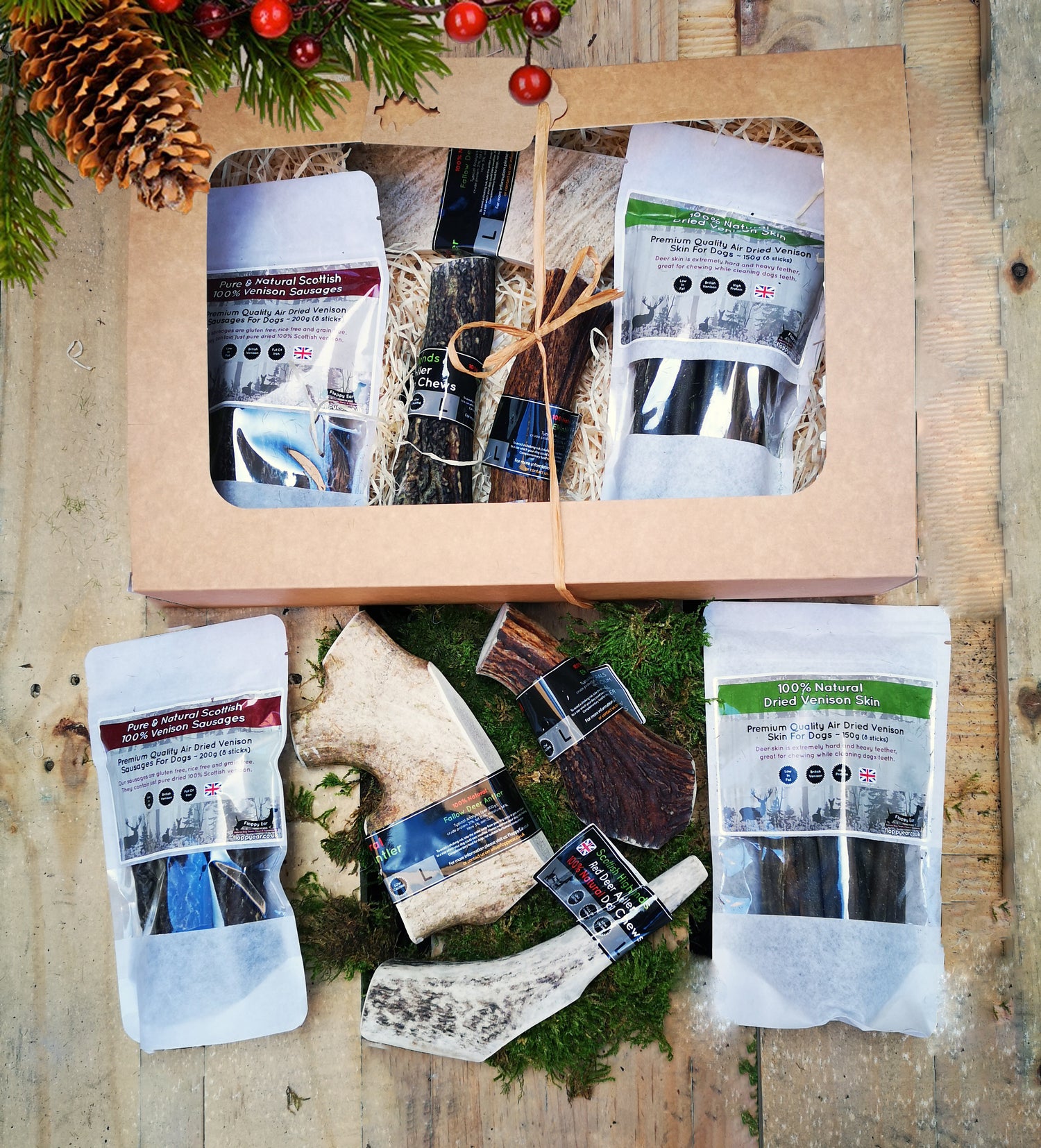 Floppy Ear Large Gift Box containing Venison Sausages, Venison Skin Sticks, Red Deer Antler and Elk Antler Chews beautifully presented