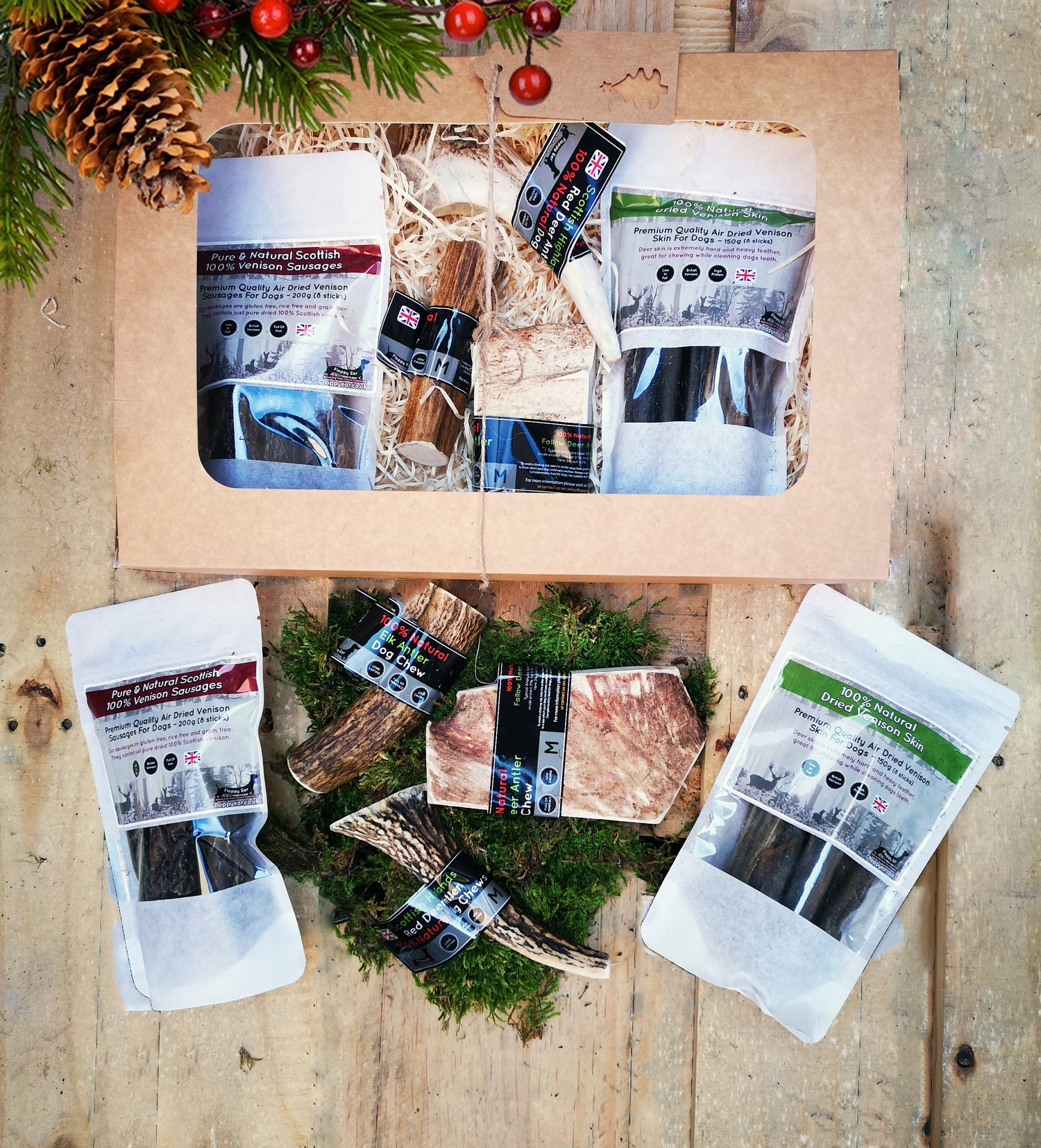 Floppy Ear Medium Gift Box with Premium Scottish Venison Treats, Air Dried Venison Skin and Natural Antler Chews