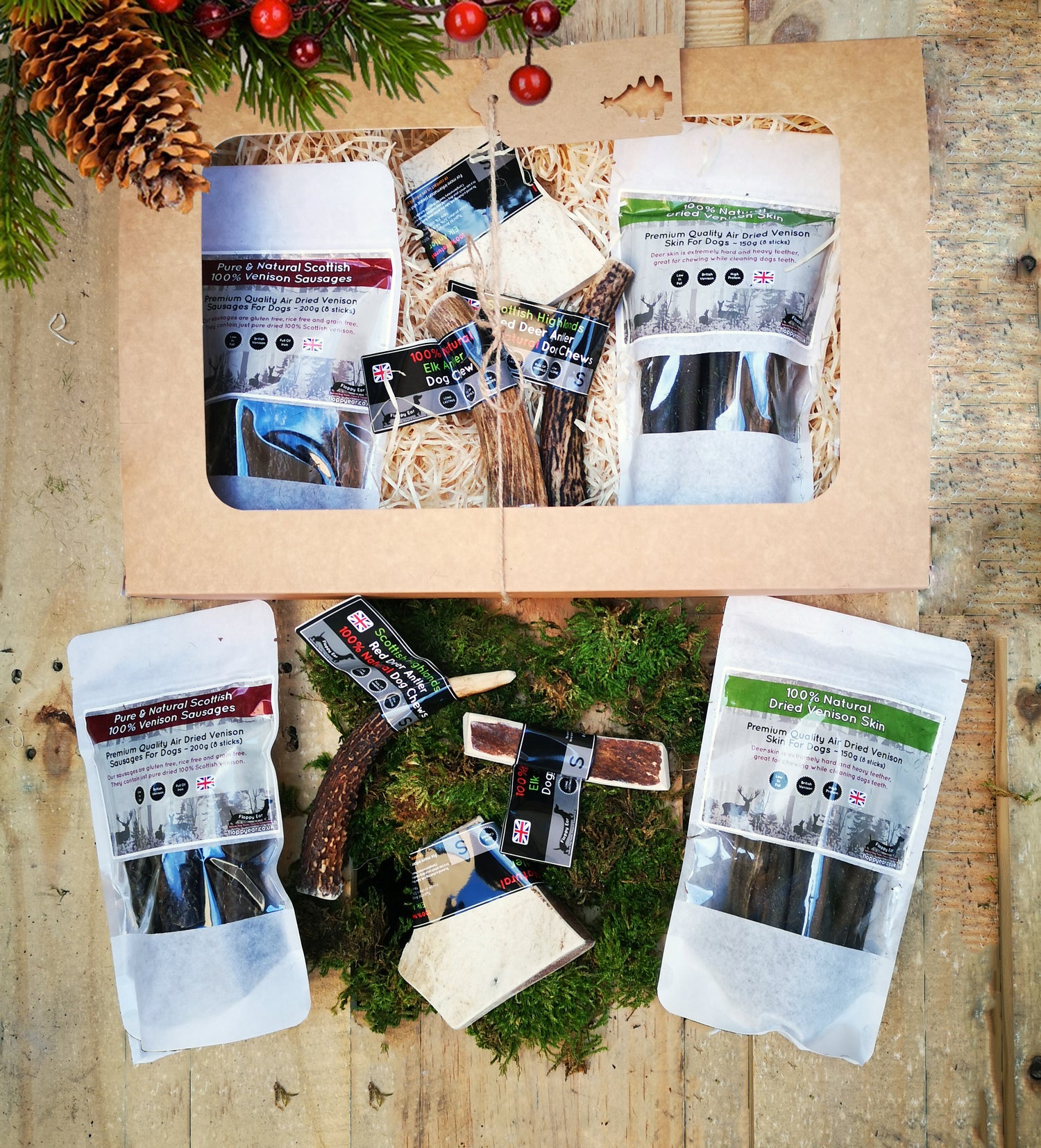 Floppy Ear Small Gift Box with Scottish Venison Sausages, Venison Skin, Red Deer Antler and Elk Antler Chews