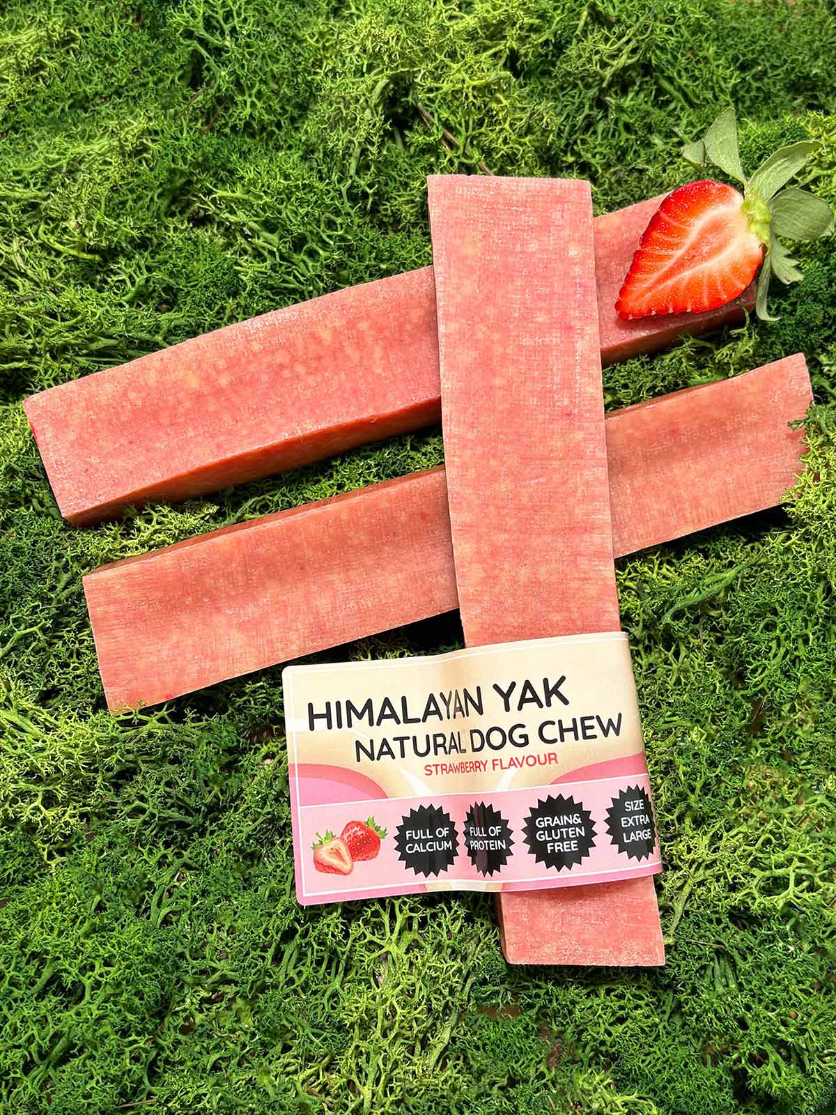 Floppy Ear Himalayan Yak Chews Strawberry Flavour Extra Large size on moss with fresh strawberries