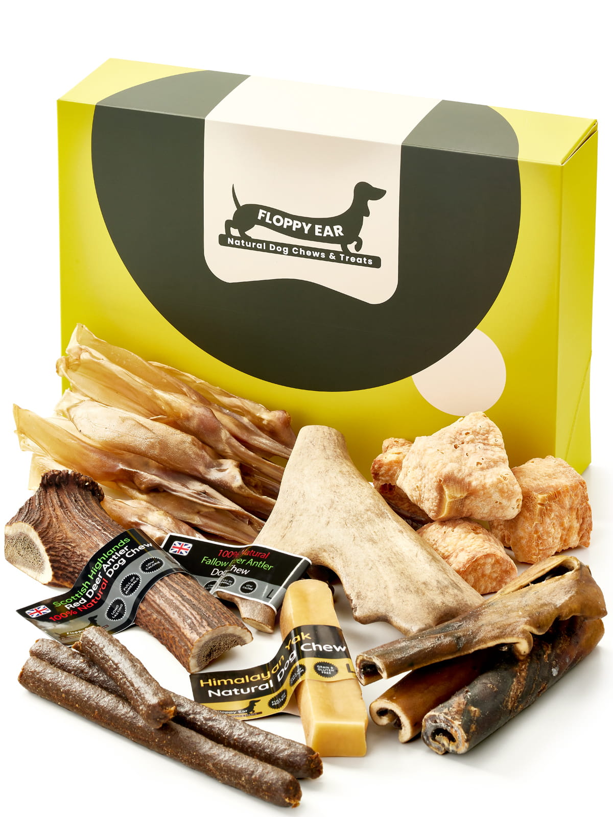Floppy Ear Large Puppy Box closed with selection of natural dog chews and treats arranged in the foreground