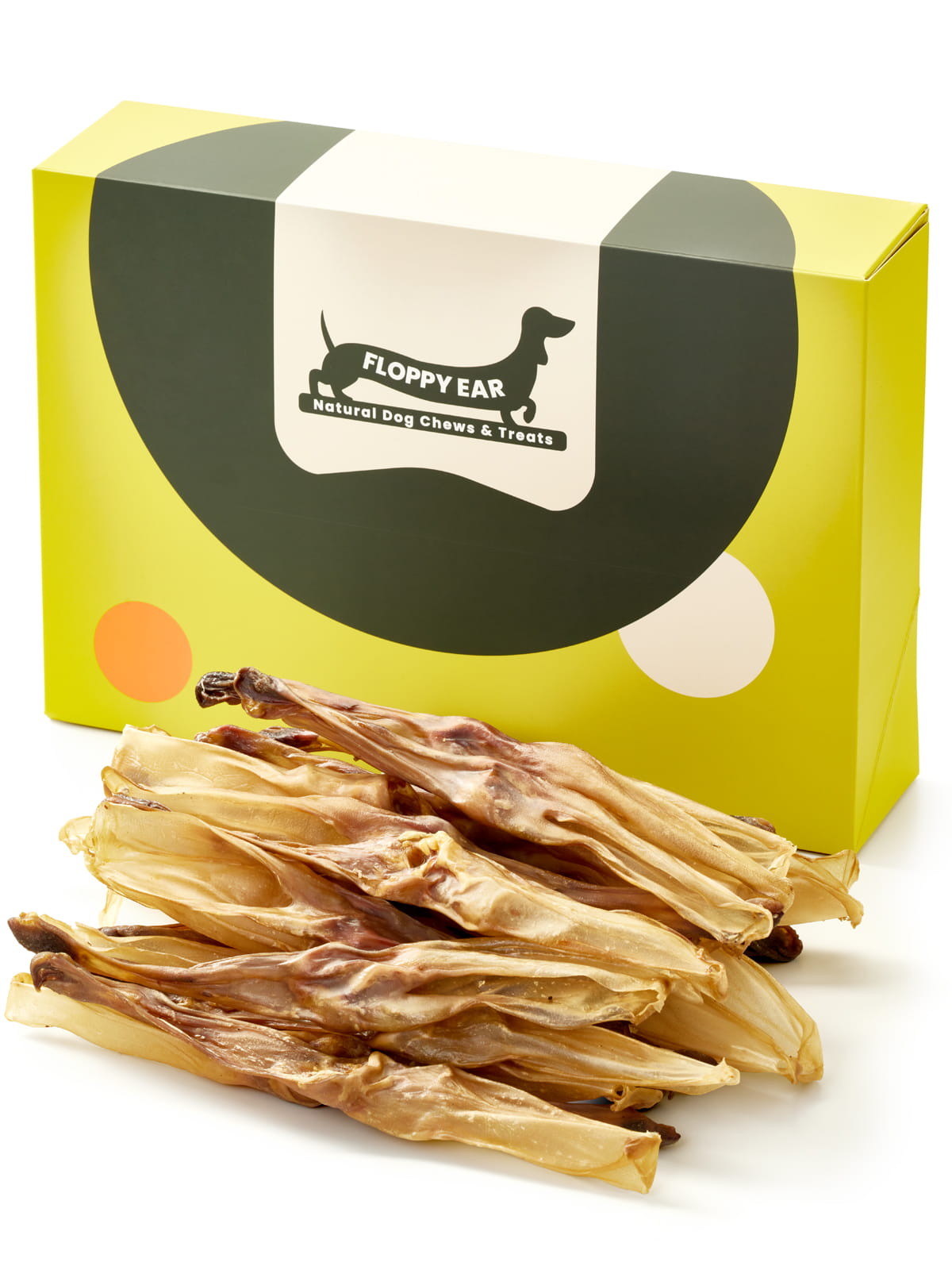 Floppy Ear Rabbit Ears Chew Box closed with large pile of natural dried rabbit ears in the foreground