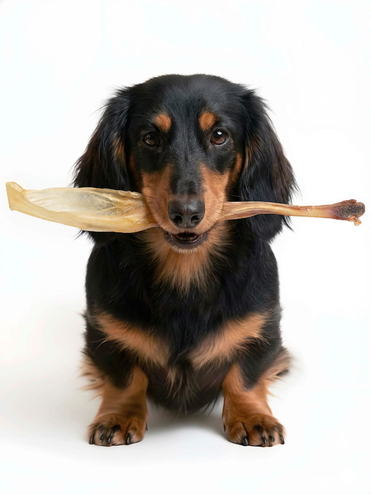 Happy long-haired dachshund holding a Floppy Ear Dried Rabbit Ear Chew in its mouth on white background