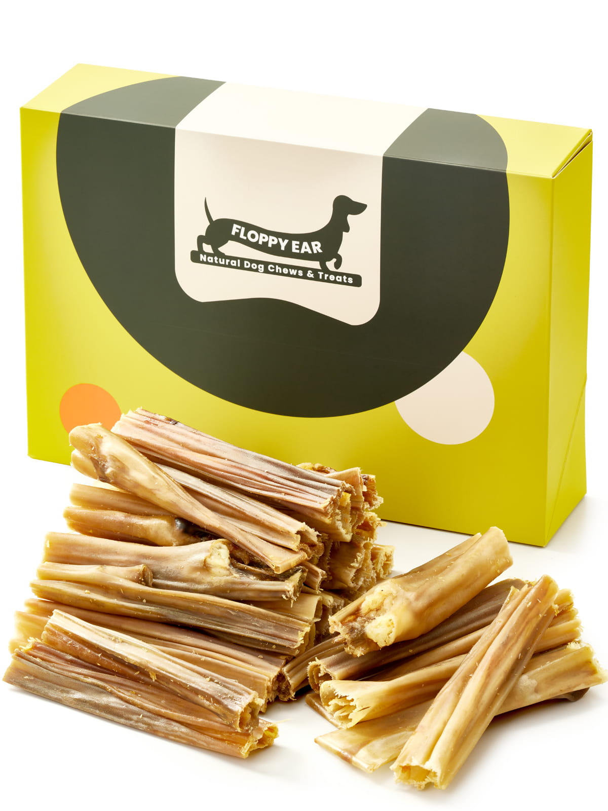 Floppy Ear Rabbit Skin Chew Box open at an angle showing natural dried rabbit skin chews with "Pure. Healthy. Delicious." on the lid