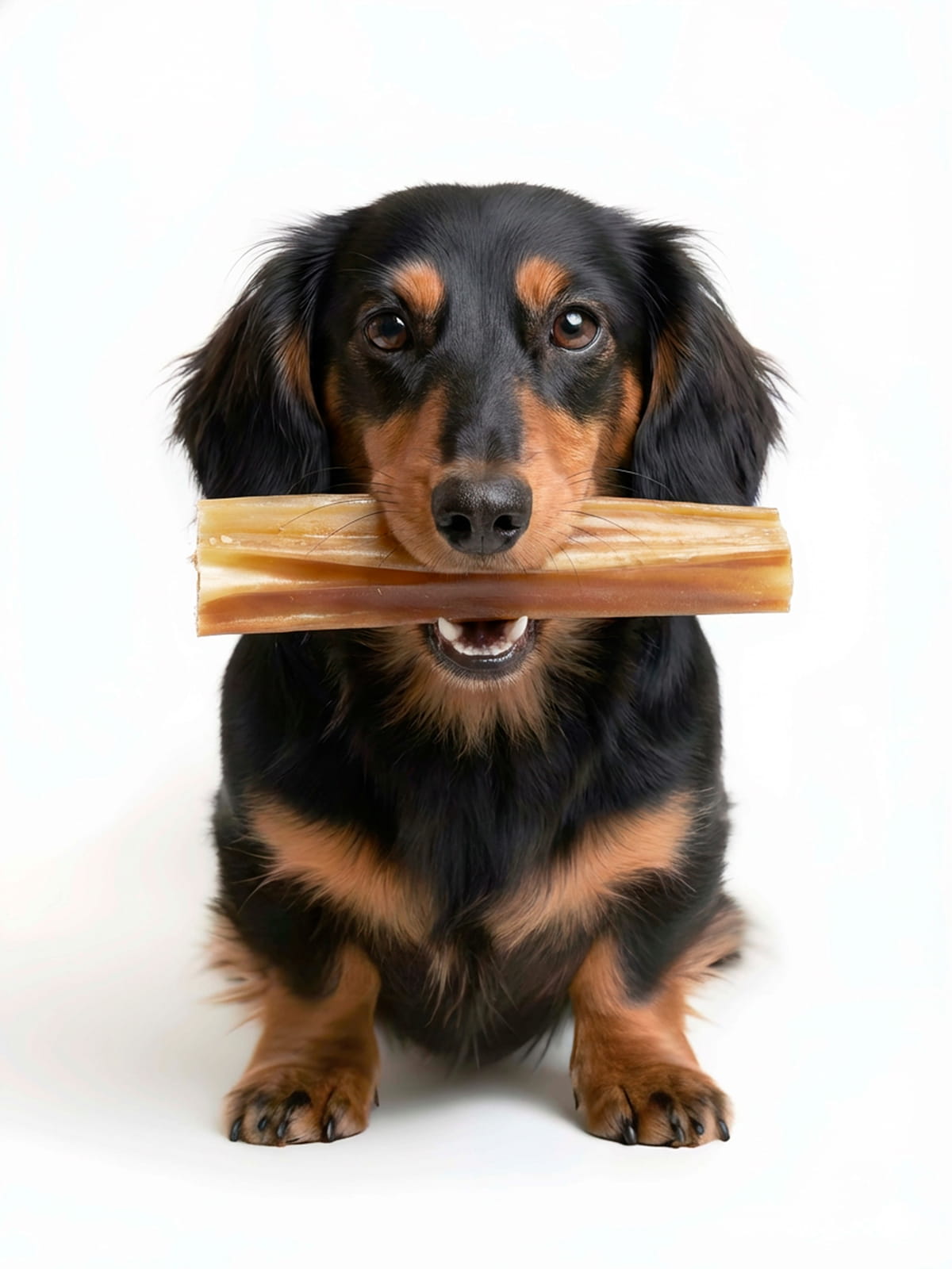 Happy long-haired dachshund holding Floppy Ear natural dried rabbit skin chew in its mouth on white background