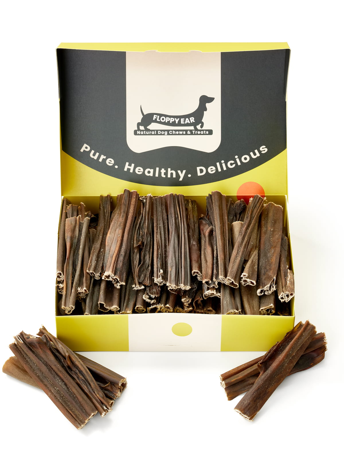 Floppy Ear Dried Venison Skin Chew Box open front view filled with natural venison skin dog chews